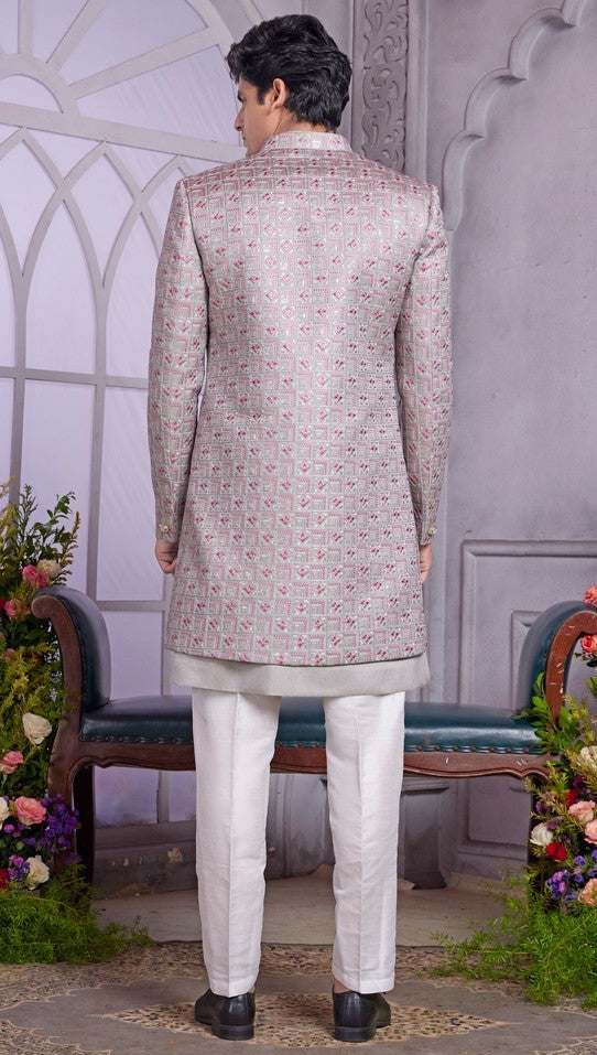 Elegant Grey Color Art Silk Fabric Mens Indowestern