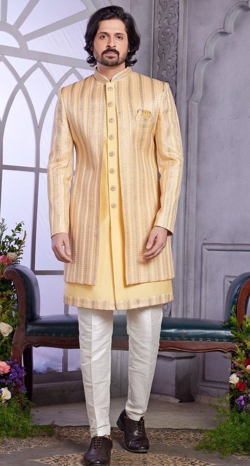 Elegant Yellow Color Art Silk Fabric Mens Indowestern