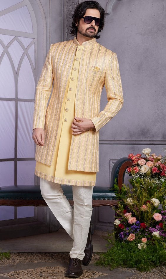 Elegant Yellow Color Art Silk Fabric Mens Indowestern