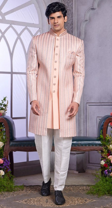 Elegant Peach Color Art Silk Fabric Mens Indowestern