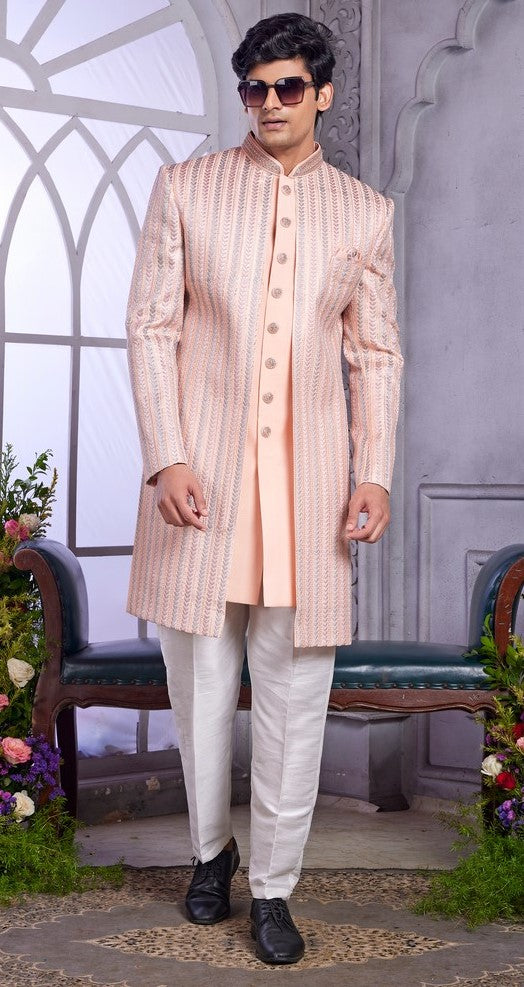 Elegant Peach Color Art Silk Fabric Mens Indowestern