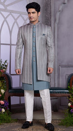 Elegant Grey Color Art Silk Fabric Mens Indowestern