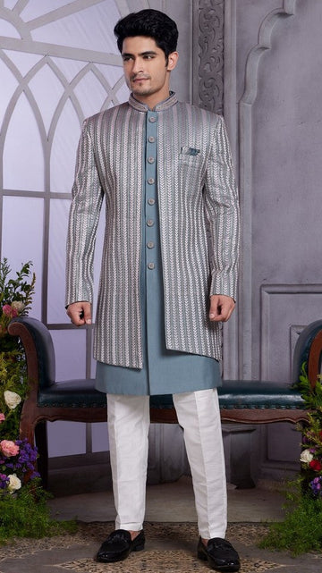 Elegant Grey Color Art Silk Fabric Mens Indowestern