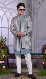 Elegant Grey Color Art Silk Fabric Mens Indowestern