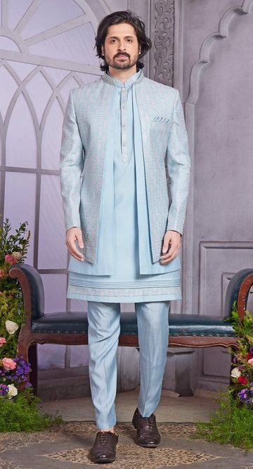 Elegant Aqua Color Art Silk Fabric Mens Indowestern
