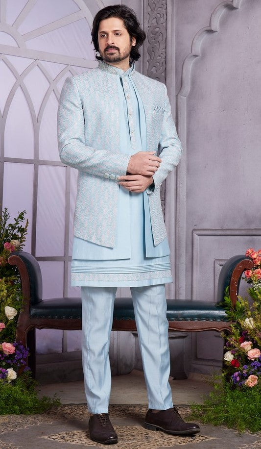 Elegant Aqua Color Art Silk Fabric Mens Indowestern