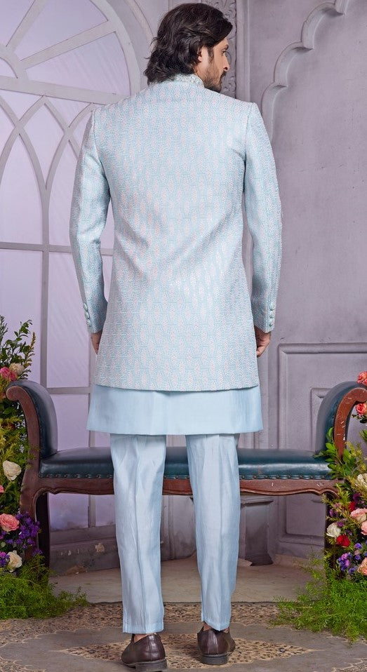 Elegant Aqua Color Art Silk Fabric Mens Indowestern