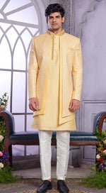 Elegant Yellow Color Art Silk Fabric Mens Indowestern