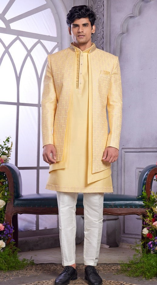 Elegant Yellow Color Art Silk Fabric Mens Indowestern
