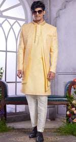 Elegant Yellow Color Art Silk Fabric Mens Indowestern