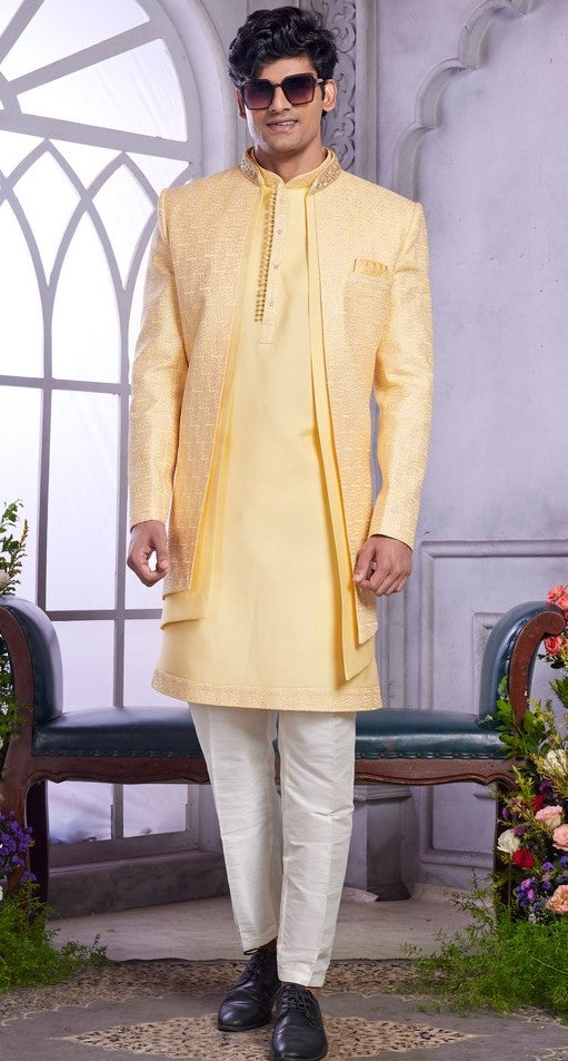 Elegant Yellow Color Art Silk Fabric Mens Indowestern