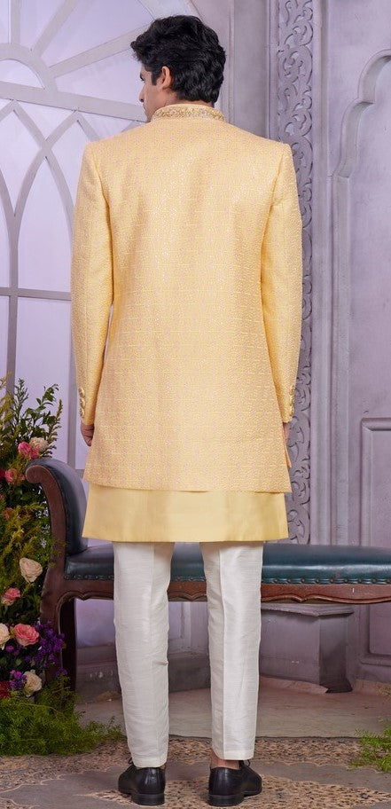 Elegant Yellow Color Art Silk Fabric Mens Indowestern