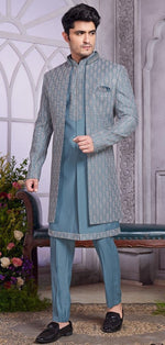 Elegant Grey Color Art Silk Fabric Mens Indowestern