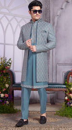 Elegant Grey Color Art Silk Fabric Mens Indowestern