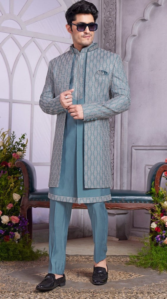 Elegant Grey Color Art Silk Fabric Mens Indowestern