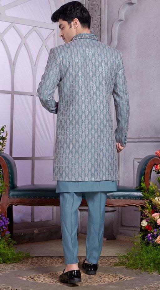 Elegant Grey Color Art Silk Fabric Mens Indowestern
