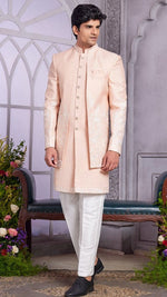 Elegant Peach Color Art Silk Fabric Mens Indowestern