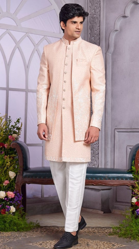 Elegant Peach Color Art Silk Fabric Mens Indowestern