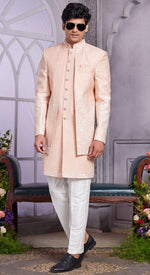 Elegant Peach Color Art Silk Fabric Mens Indowestern