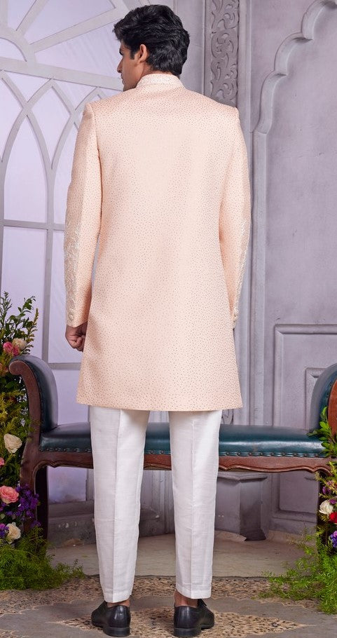 Elegant Peach Color Art Silk Fabric Mens Indowestern