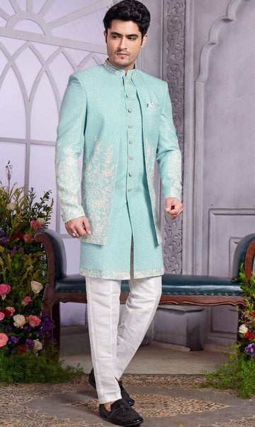 Elegant Aqua Color Art Silk Fabric Mens Indowestern
