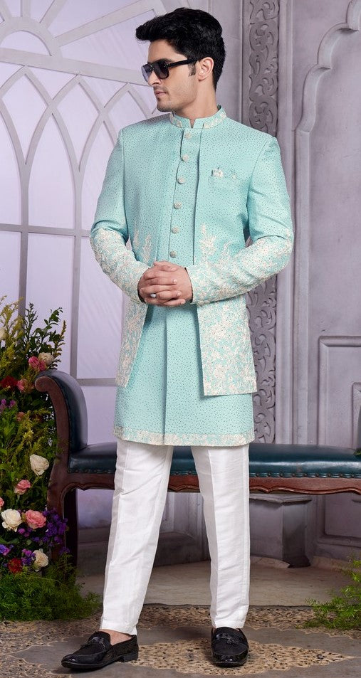 Elegant Aqua Color Art Silk Fabric Mens Indowestern