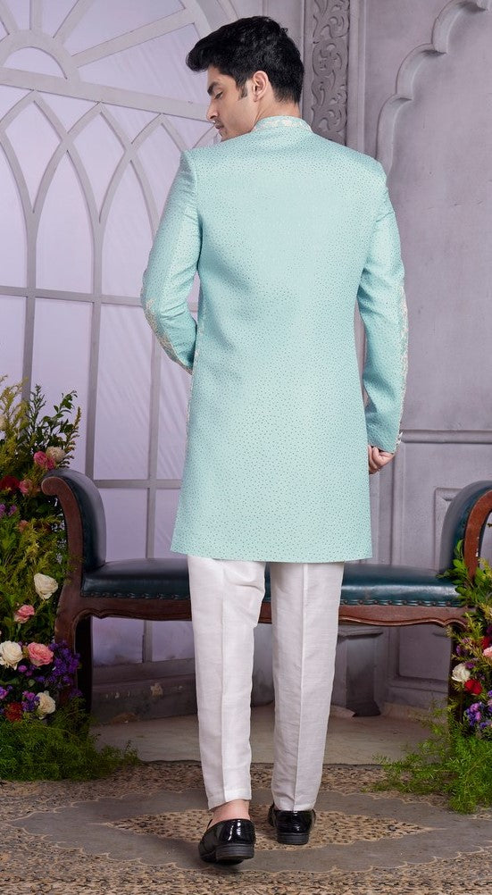 Elegant Aqua Color Art Silk Fabric Mens Indowestern