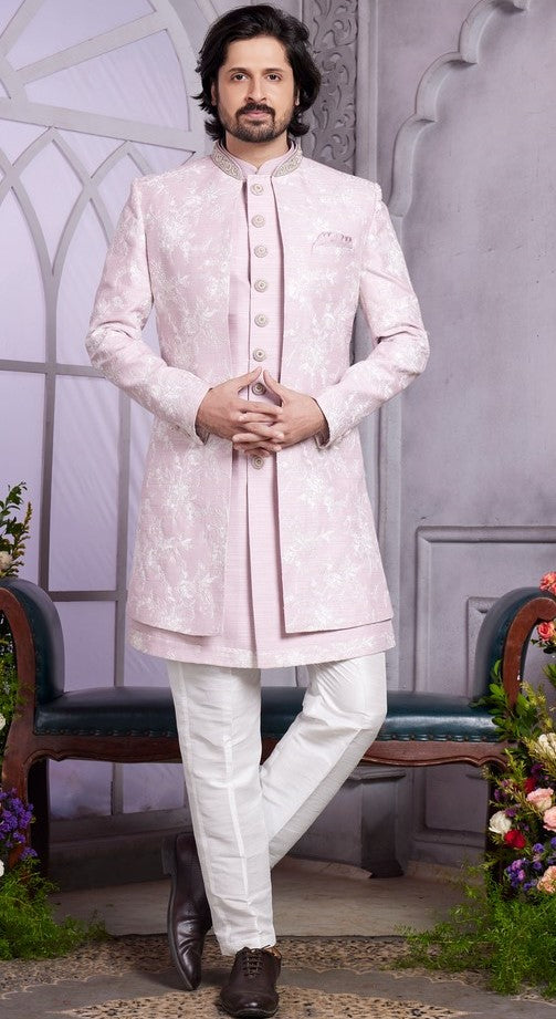 Elegant Pink Color Art Silk Fabric Mens Indowestern