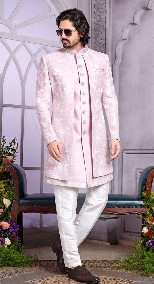 Elegant Pink Color Art Silk Fabric Mens Indowestern