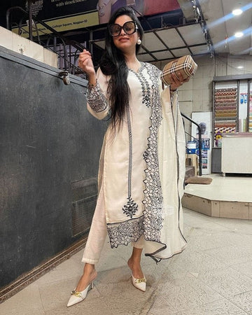 Divine Cream Color Crepe Fabric Designer Suit