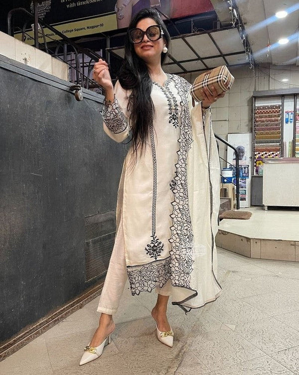 Divine Cream Color Crepe Fabric Designer Suit