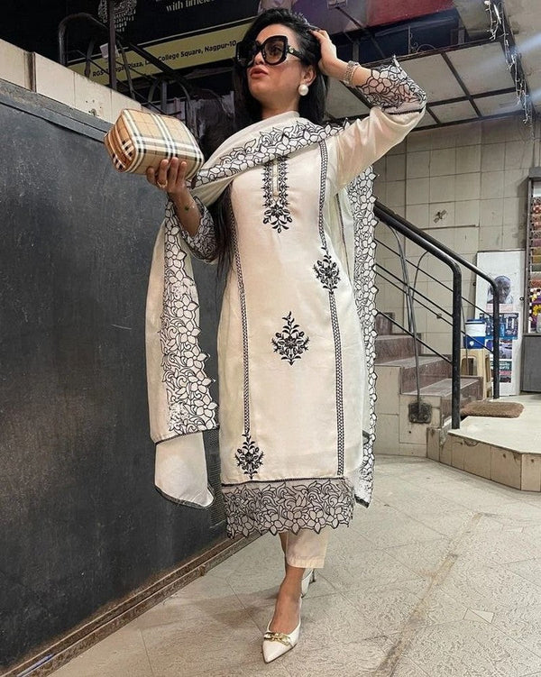 Divine Cream Color Crepe Fabric Designer Suit