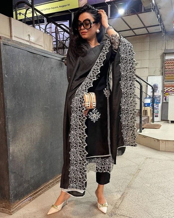 Divine Black Color Crepe Fabric Designer Suit
