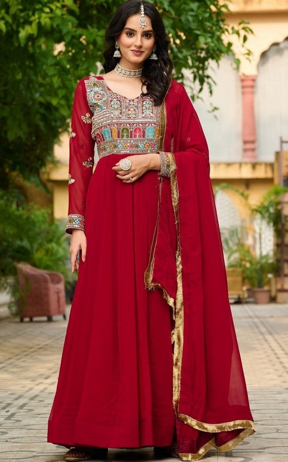 Beautiful Maroon Color Blooming Fabric Gown