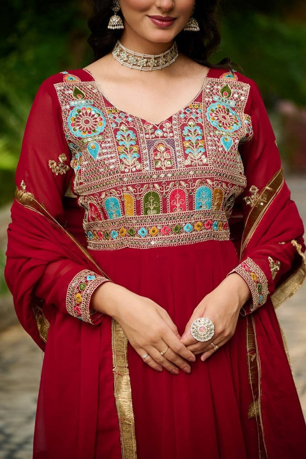 Beautiful Maroon Color Blooming Fabric Gown