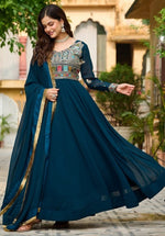 Beautiful Teal Color Blooming Fabric Gown
