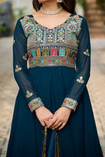 Beautiful Teal Color Blooming Fabric Gown