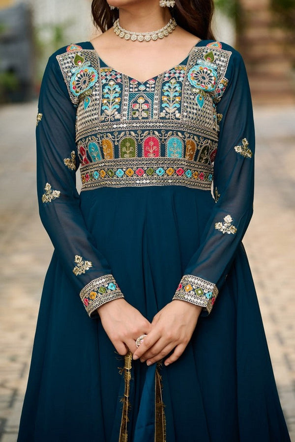 Beautiful Teal Color Blooming Fabric Gown