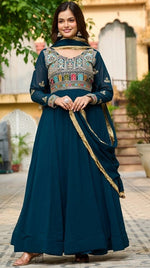 Beautiful Teal Color Blooming Fabric Gown