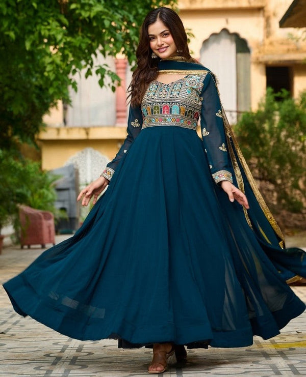 Beautiful Teal Color Blooming Fabric Gown
