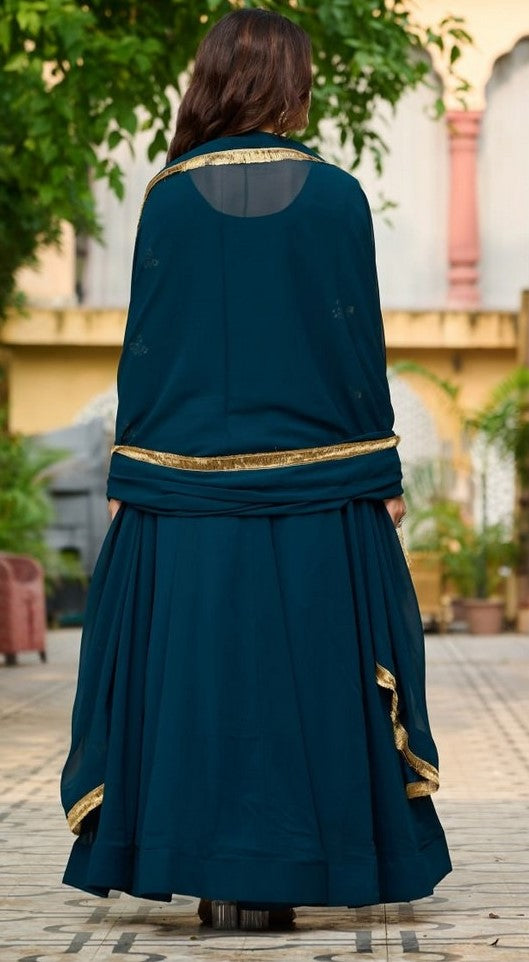 Beautiful Teal Color Blooming Fabric Gown