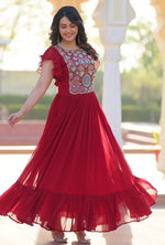 Striking Red Color Blooming Fabric Gown