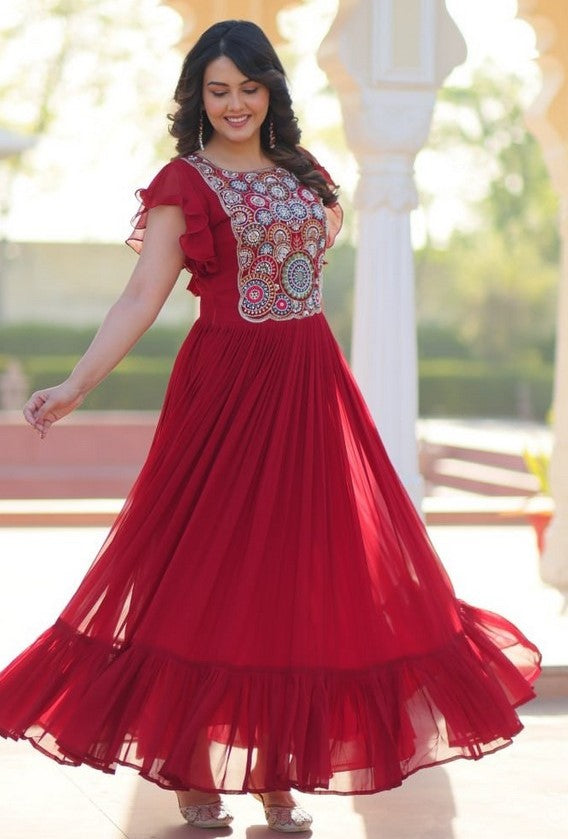 Striking Red Color Blooming Fabric Gown