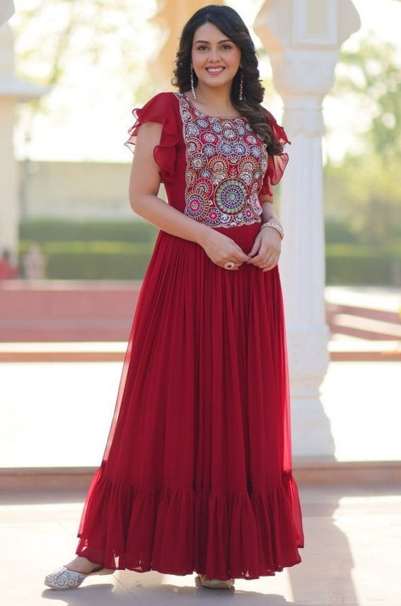 Striking Red Color Blooming Fabric Gown