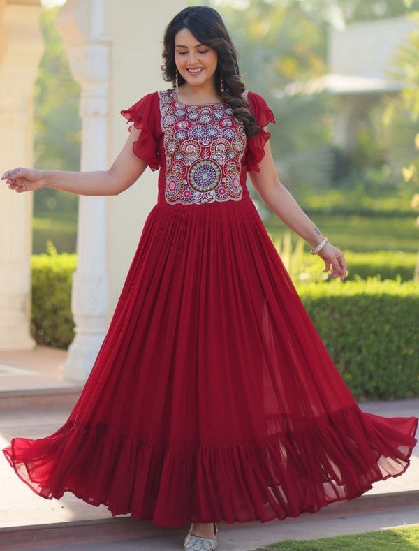 Striking Red Color Blooming Fabric Gown