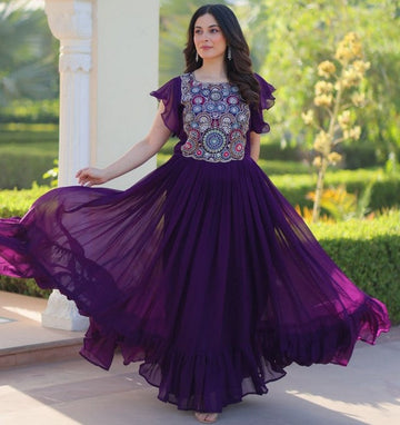 Striking Purple Color Blooming Fabric Gown