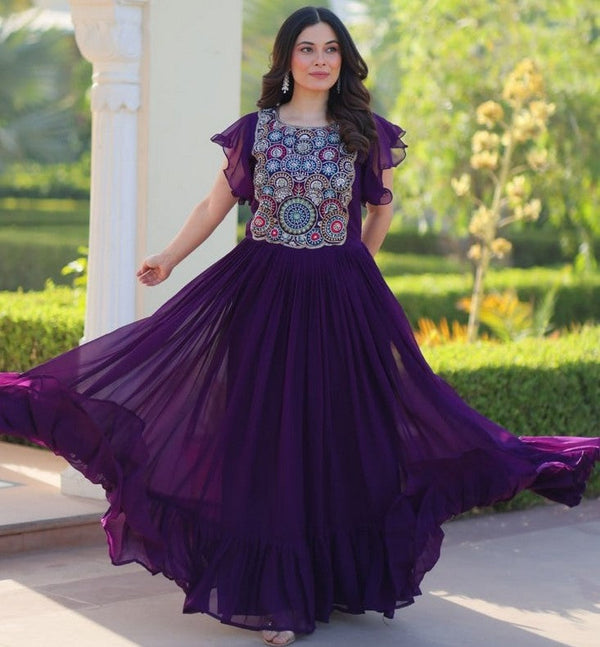 Striking Purple Color Blooming Fabric Gown