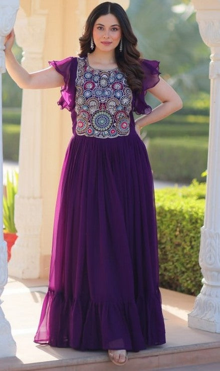 Striking Purple Color Blooming Fabric Gown