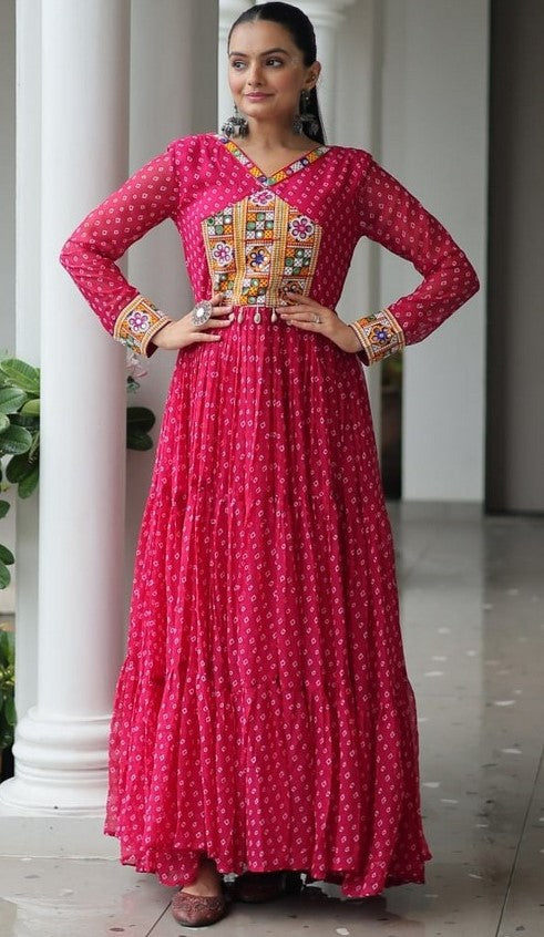 Striking Pink Color Bandhani Fabric Gown