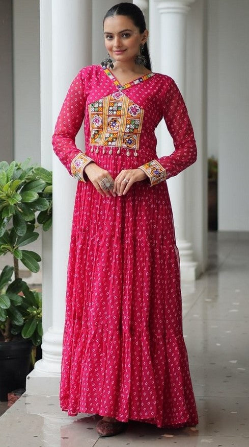 Striking Pink Color Bandhani Fabric Gown
